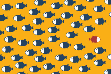 Think differently -One red unique different fish swimming opposite way of identical blue ones. Courage, confidence, success, crowd and creativity concept. EPS 10 vector illustration.