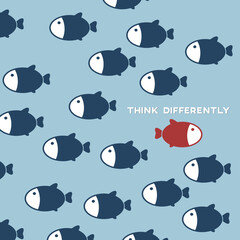 Think differently -One red unique different fish swimming opposite way of identical blue ones. Courage, confidence, success, crowd and creativity concept. EPS 10 vector illustration.