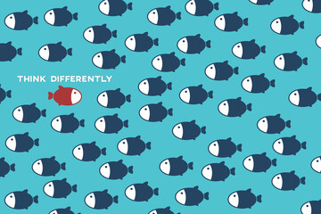 Think differently -One red unique different fish swimming opposite way of identical blue ones. Courage, confidence, success, crowd and creativity concept. EPS 10 vector illustration.