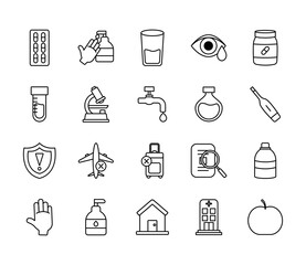 water faucet and coronavirus icon set, line style