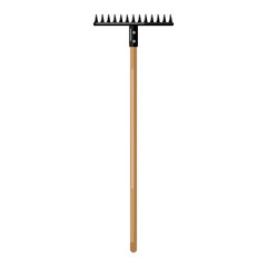 Rake on white background isolated. Metal rake with wooden hand in style flat. Garden tool