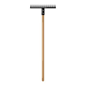 Rake on white background isolated. Metal rake with wooden hand in style flat. Garden tool