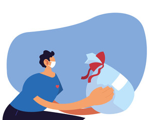 man with mask and box donations