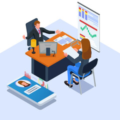 Women give documents and interviewed by company owners. Isometric Job interview illustration. Vector