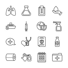 chemical flask and covid19 icon set, line style