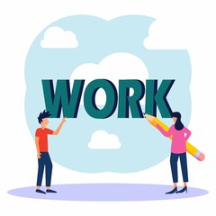 Vector business illustration, entrepreneurs building word team work, cohesiveness, building business together.