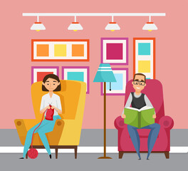 Man and woman sitting at home vector, knitting lady and male reading book. Character on pastime, leisure time of family, relaxation and recreation