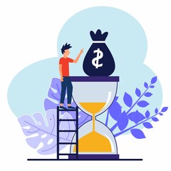 The young man climbed the stairs on an hourglass and achieved success with his business. Financial concepts, time management. Flat vector illustration.