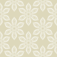 White seamless print on olive green background. Indian style pattern
