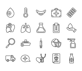 thermometer and covid19 icon set, line style