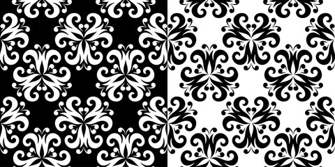 Floral seamless set of patterns. Black and white backgrounds