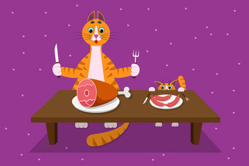 Food for cats and pets. A cute red cat and kitten sits at a table with a fork, knife and ham, sausages on a plates. Vector