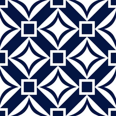 Gordijnen Geometrische vierkante print. Wit patroon op donkerblauwe naadloze achtergrond © Liudmyla