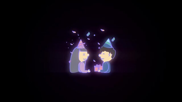 boy gives gift to girl colored icon 2D animation on black background