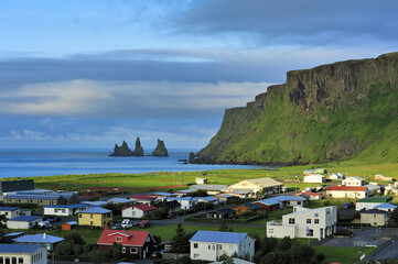 view of Vic and Reynisdrangar, Iceland