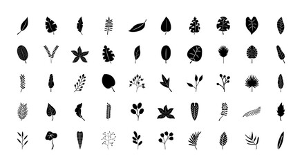tropical leaves icon set, silhouette style