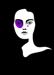 Illustration on the topic of domestic violence in a minimalistic style. 
Woman with a black eye and a tear. Can be used as a poster. Violet black and white colour.
