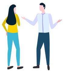 Debating man and woman arguing about something, isolated cartoon style people in quarrel. Vector disputing man and woman discussing brokers sales