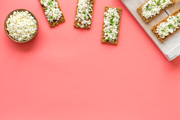 Breakfast with cottage cheese toasts top-down space for text