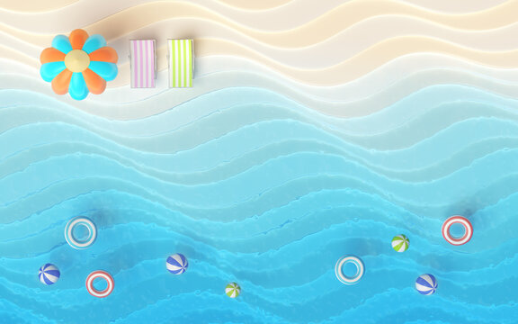 Day time seaside with beach chairs and blue sea. Rubber rings and balls in the ocean. white sand wave concept. deep blue sea. background wallpaper with copy space.  3d illustrator