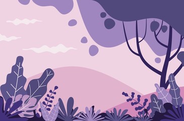 	
Vector illustration in trendy flat and linear style - background with copy space for text - plants, leaves and forest landscape - background for banner, greeting card, poster and advertising