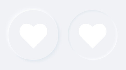Bright white gradient buttons with heart shapes. Internet symbol like on a background. Neumorphic effect icon. Shaped love figure in trendy soft 3D style. Circle ellipse