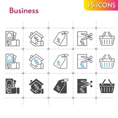 business icon set. included mortgage, money, voucher, price tag, shopping-basket, shopping basket icons on white background. linear, bicolor, filled styles.