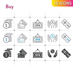 buy icon set. included money, discount, credit card, open icons on white background. linear, bicolor, filled styles.