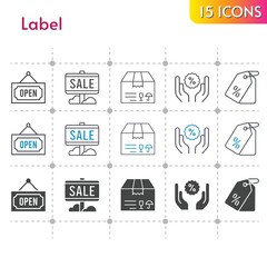 label icon set. included sale, package, price tag, discount, open icons on white background. linear, bicolor, filled styles.
