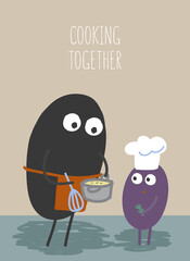 Family of funny creatures are cooking in the kitchen