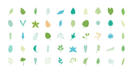 tropical leaves icon set, flat style