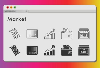 market icon set. included profits, wallet, shop, barcode, trolley icons on white background. linear, filled styles.