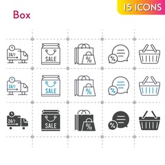 box icon set. included shopping bag, chat, shopping-basket, delivery truck, shopping basket icons on white background. linear, bicolor, filled styles.