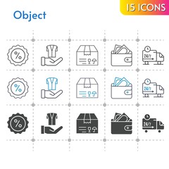 object icon set. included package, wallet, discount, jacket, delivery truck icons on white background. linear, bicolor, filled styles.