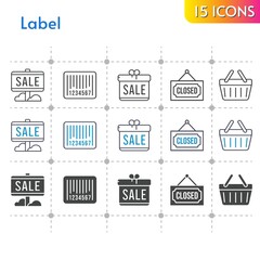 Fototapeta na wymiar label icon set. included gift, sale, closed, shopping-basket, barcode, shopping basket icons on white background. linear, bicolor, filled styles.