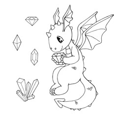 Сute cartoon dragon with a gemstone and various crystals. Isolated objects on white background. White and black vector illustration for coloring book. Flying magical creature.