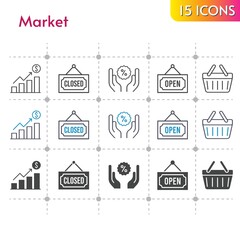 market icon set. included profits, closed, discount, shopping-basket, open, shopping basket icons on white background. linear, bicolor, filled styles.