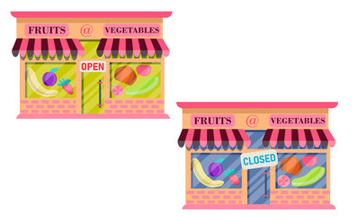 The fruit and vegetable store is closed and open. A collection of store facades isolated on a white background.Vector illustration in flat style