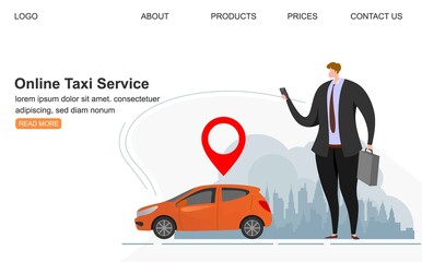 Booking taxi online concept design. Flat illustration of young men and women standing near big smartphone and using their own smart phones for ordering taxi cab via mobile app and paying online