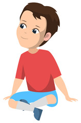 Little boy in red t-shirt sitting on floor isolated on white. Elementary school kid. Cheerful preschool flat cartoon character vector illustration