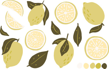 Lemon, slices of lemon and leafs hand drawn childish vector clipart set isolated on white background.