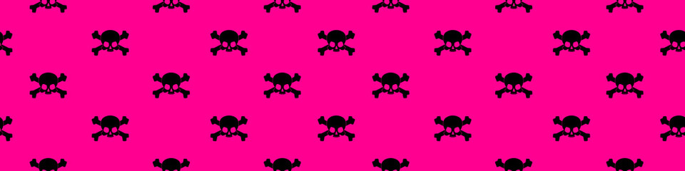 Web seamless banner with skull and crossbones silhouettes on pink background. Vector illustration.