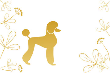 Golden silhouette of a poodle on a white background, stylized decorative flowers, copyspace. Blank for design. Vector illustration