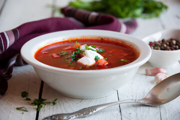 Vegetable soup borsch made with beetroot and other vegetables