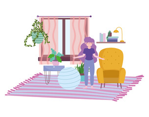 stay at home, girl with fit ball in the room, self isolation, activities in quarantine for coronavirus