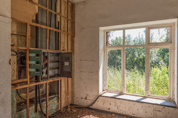 Power distribution box in ruins of Royal Natal hotel