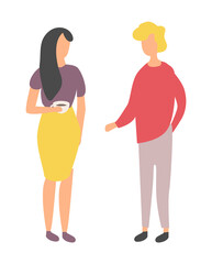 Friends spend time together isolated cartoon people. Vector woman with cup of coffee and blond man in red sweater discussing something, flat design