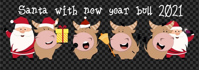 Cute ox, cow, bull with Santa. 2021 transparent background with cow. Ox horoscope sign. Chinese year of ox 2021. Happy New Year. Concept image of symbol Chinese new year
