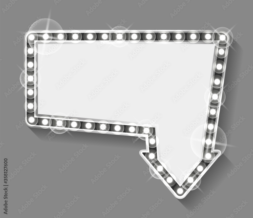 Poster empty frame pointing down vector, banner in form of arrow showing direction. borders with silver shi