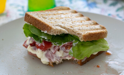 sandwich with ham and vegetables. Toasted bread toast in a plate stuffed with some lettuce (salad), slice of tomatoes, mayonnaise and ham. Italian sandwich with a drinking filled glass behind the plat